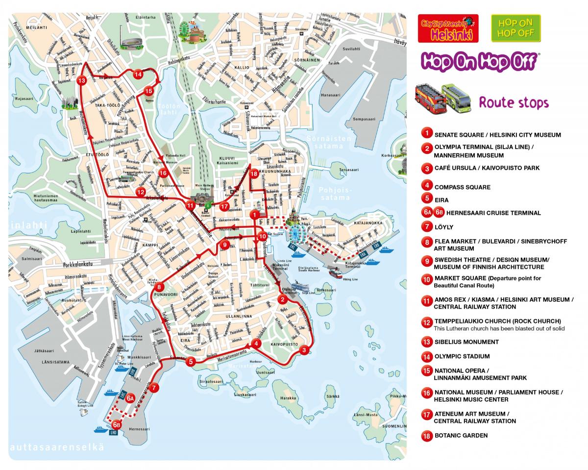 Карта автобусных туров Hop On Hop Off в Хельсинки